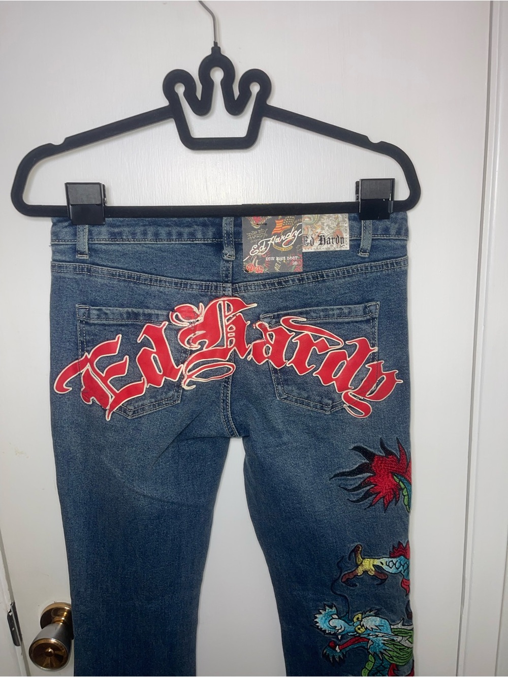 NWT Ed Hardy Women's Blue Denim Boot Cut Jeans with Red Logo Embroidery